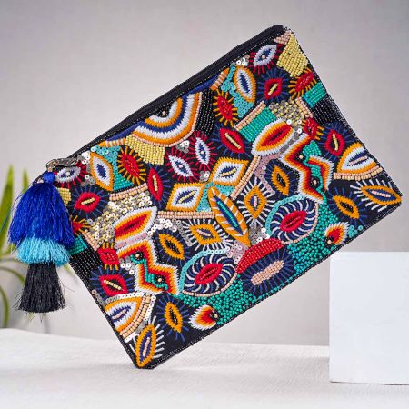 Abstact Design Beaded Cotton Clutch Bag for Women 